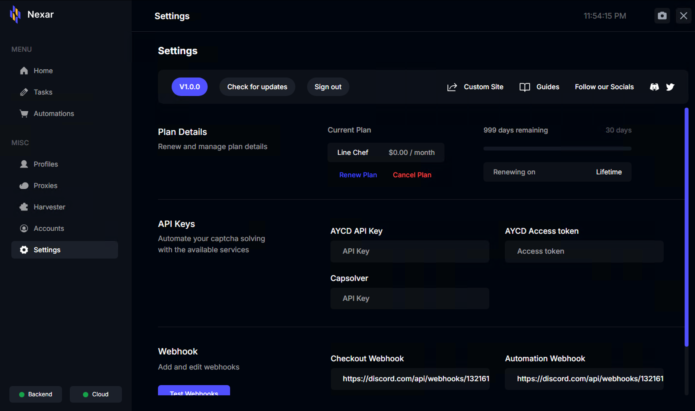 Settings Page